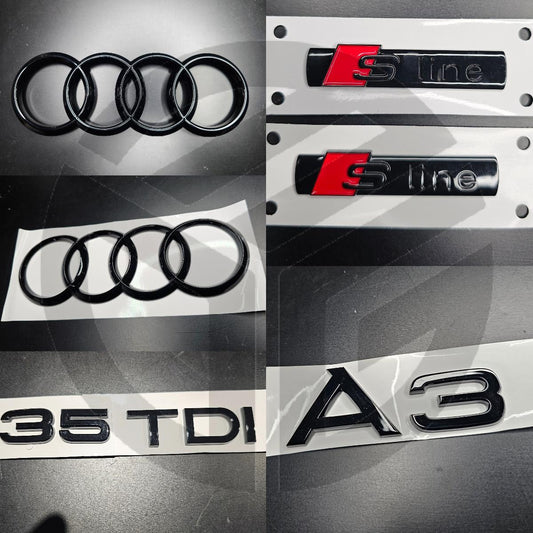 Audi A3 2021+ Gloss Black Badges GRILLE/Boot/FENDER Set/ 2 X S-Line/35TDI
