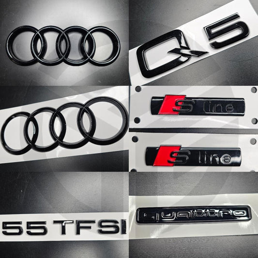 Audi Q5 2021+ Gloss Black Badges Grille/Boot/Fender Full Set 2 X S-Line/55TFSI/QUATTRO