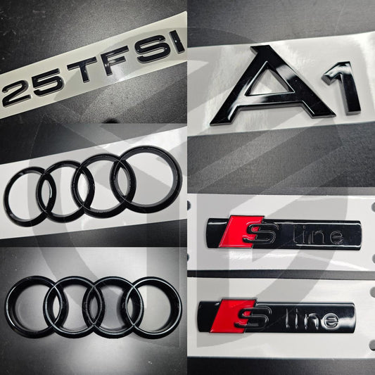 Audi A1 2019+ Gloss Black Badges Grille/Boot/Fender Full Set 2 X S-Line/25TFSI