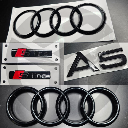 Audi A5 Sportback 2008-2016 Gloss Black Badges Grille/Fender/Boot Set 2 x S-Line