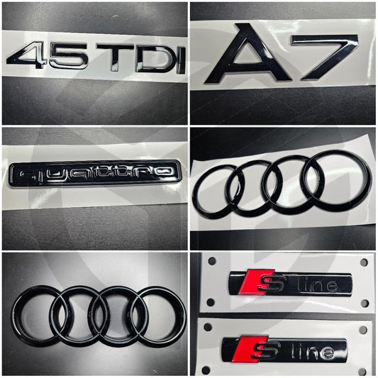 Audi A7 2019+ Gloss Black Badges Grille/Fender/Boot Set 2 x S-Line/45TDI/QUATTRO