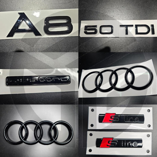 Audi A8 2019+ Gloss Black Badges Grille/Fender/Boot Set 2 x S-Line/QUATTRO/50TDI