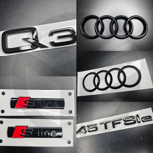 Audi Q3 2019+ Hybrid Gloss Black Badges Grille/Boot/Fender Full Set 2 X S-Line/45TFSIe/QUATTRO