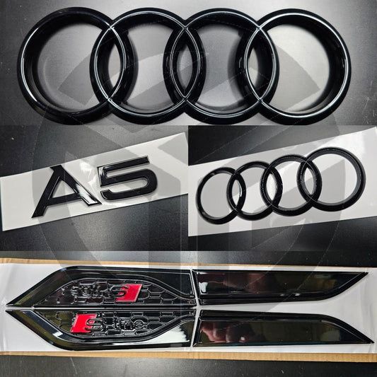 Audi A5 Coupe 2017-2019 Gloss Black Badges Grille/Boot/Fender Full Set (Includes Side Fender S-Line Badges)